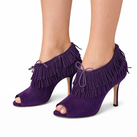 Manolo Blahnik Shoes - Manolo Blahnik Suede Fringe Ankle Booties | Peep Toe | Made in Italy | Size 38